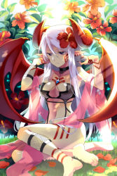 Rule 34 | 1girl, barefoot, bra, breasts, claws, cleavage, demon girl, demon wings, earrings, feet, female focus, flower, grass, horns, jewelry, legs, lingerie, long hair, lowres, markings, navel, pointy ears, purple eyes, sitting, solo, sword girls, underwear, white hair, wings