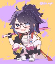 Rule 34 | 1girl, artist name, black hair, blue eyes, blush, boots, chibi, choker, commentary, delinquent, english commentary, fang, full body, glasses, gloves, highres, holding, holding sword, holding weapon, indie virtual youtuber, kson, kukie-nyan, looking at viewer, mole, mole under eye, open mouth, pants, ponytail, sarashi, skin fang, solo, souchou, squatting, sukeban, sword, twitter username, virtual youtuber, watermark, weapon, wooden sword