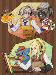 Rule 34 | 2boys, alternate costume, applin, apron, arven (pokemon), black vest, blonde hair, brown apron, canvas (object), closed mouth, clothed pokemon, collared shirt, commentary request, creatures (company), food, game freak, gen 4 pokemon, gen 8 pokemon, gible, green eyes, hair over one eye, hassel (pokemon), highres, holding, holding paintbrush, holding plate, mabosstiff, male focus, min (myna8247), multiple boys, necktie, nintendo, one eye closed, paintbrush, painting (action), pants, plate, pokemon, pokemon (creature), pokemon sv, ponytail, purple necktie, purple pants, shirt, sparkle, standing, steam, vest, white shirt, yellow apron