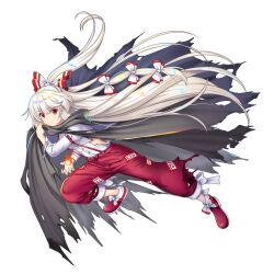 Rule 34 | 1girl, black cape, bow, cape, closed mouth, fire, footwear bow, fujiwara no mokou, fujiwara no mokou (silver gale), full body, game cg, hair bow, highres, long hair, long sleeves, looking at viewer, ofuda, ofuda on clothes, pants, red eyes, red footwear, red pants, rotte (1109), shirt, simple background, solo, suspenders, third-party source, torn cape, torn clothes, torn shirt, touhou, touhou lostword, white background, white bow, white hair, white shirt