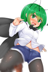 Rule 34 | 1girl, antennae, black cape, black pantyhose, blush, breasts, brown footwear, buttons, cape, clip studio paint (medium), collared shirt, commentary request, daichi (tokoya), embarrassed, eyes visible through hair, green eyes, green hair, hair between eyes, highres, incoming attack, jumping, long sleeves, looking at viewer, midriff peek, motion blur, motion lines, navel, nose blush, open mouth, pantyhose, shirt, shoes, short hair, short shorts, shorts, simple background, small breasts, solo, touhou, white background, white shirt, wriggle nightbug
