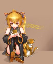 Rule 34 | 1girl, akita neru, animal ears, antenna hair, bare shoulders, blonde hair, cat, cat ears, cellphone, detached sleeves, highres, kemonomimi mode, long hair, magu (mugsfc), musical note, open mouth, panties, pantyshot, phone, side ponytail, sitting, skirt, solo, sparkle, striped clothes, striped panties, thighhighs, underwear, upskirt, vocaloid, yellow eyes