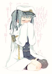 Rule 34 | 10s, 1girl, asymmetrical legwear, blunt bangs, closed eyes, comic, commentary request, dress, epaulettes, gomennasai, grey hair, hair ribbon, hat, jacket, kantai collection, kasumi (kancolle), kasumi kai ni (kancolle), military, military hat, military uniform, own hands together, peaked cap, pinafore dress, ribbon, school uniform, side ponytail, sitting, sleeveless dress, smelling, solo, sparkle, thighhighs, translation request, uneven legwear, uniform, wariza, white background