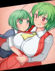 Rule 34 | 2girls, antennae, arthropod girl, ascot, blue cape, blue shorts, blush, breasts, buttons, cape, closed mouth, collared shirt, color connection, green eyes, green hair, hair color connection, huge breasts, kazami yuuka, large breasts, long skirt, long sleeves, multiple girls, open clothes, open vest, orange background, plaid, plaid skirt, plaid vest, red eyes, red skirt, sadahiro (chicken nugget gyuuniku aji), shirt, short hair, shorts, simple background, skirt, sleeveless, smile, tareme, touhou, vest, white shirt, wing collar, wriggle nightbug, yellow ascot