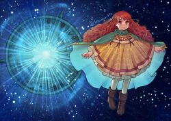 Rule 34 | 1girl, black background, boots, brown footwear, cape, commission, dress, fire emblem, fire emblem: radiant dawn, green cape, hiomaika, light particles, light rays, long hair, looking to the side, medallion, nintendo, orange eyes, orange hair, smile, solo, twitter username, yune (fire emblem)