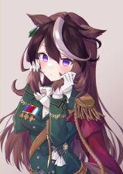 Rule 34 | 1girl, animal ears, ascot, blush, breasts, brown background, brown hair, commentary request, epaulettes, gloves, green jacket, hair between eyes, hands up, highres, holding, holding own hair, horse ears, jacket, long hair, long sleeves, looking at viewer, medal, medium breasts, multicolored hair, purin jiisan, purple eyes, shirt, simple background, solo, symboli rudolf (umamusume), two-tone hair, umamusume, very long hair, white ascot, white gloves, white hair, white shirt