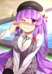 Rule 34 | 1girl, alternate costume, bad id, bad nicoseiga id, black pantyhose, blush, bow, breasts, cheek pinching, contemporary, crescent, female focus, hair bow, hat, highres, large breasts, long hair, one eye closed, pantyhose, patchouli knowledge, pinching, purple eyes, purple hair, sitting, solo, tears, touhou, two side up, wink, yamane akira