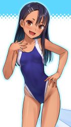 Rule 34 | 1girl, asymmetrical bangs, bare shoulders, black hair, blue one-piece swimsuit, blush, breasts, brown eyes, cameltoe, collarbone, competition swimsuit, covered navel, dark-skinned female, dark skin, earclip, fang, female focus, hair ornament, hairclip, hand on own chest, hand on own hip, highleg, highleg swimsuit, highres, ijiranaide nagatoro-san, kawakami rokkaku, long hair, looking at viewer, multicolored clothes, multicolored swimsuit, nagatoro hayase, one-piece swimsuit, one-piece tan, open mouth, short eyebrows, skin fang, small breasts, smile, solo, standing, swimsuit, tan, tanline, thighs, two-tone swimsuit