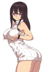 Rule 34 | 1girl, ass, bare shoulders, black hair, breast lift, breasts, houtengeki, large breasts, long hair, looking at viewer, naked sweater, original, purple eyes, ribbed sweater, simple background, sleeveless, sleeveless turtleneck, smile, solo, sweater, turtleneck, white background