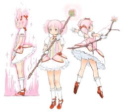 Rule 34 | 10s, 1girl, aura, bad id, bad pixiv id, bow, bow (weapon), bubble skirt, choker, dress, flower, gloves, hair bow, kaname madoka, magical girl, mahou shoujo madoka magica, mahou shoujo madoka magica (anime), pink eyes, pink hair, short twintails, simple background, skirt, smile, solo, twintails, weapon, white background, y (khakiyawn)