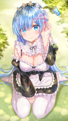 Rule 34 | 1girl, absurdres, apron, bad id, bad pixiv id, black dress, blue eyes, blue hair, blurry, breasts, bug, butterfly, cleavage, detached collar, detached sleeves, dress, flower knot, frilled dress, frills, grass, hair ornament, hair over one eye, hand up, headdress, highres, insect, juliet sleeves, large breasts, long hair, long sleeves, looking at viewer, no shoes, pantyhose, puffy sleeves, re:zero kara hajimeru isekai seikatsu, rem (re:zero), sitting, smile, solo, tokkyu, very long hair, waist apron, wariza, white pantyhose, wide sleeves, x hair ornament