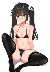 Rule 34 | 1girl, absurdres, ahoge, armpit crease, ass, bad id, bad pixiv id, bare arms, bare shoulders, bikini, black bikini, black eyes, black hair, black thighhighs, breasts, collarbone, hair ornament, halterneck, halterneck, highres, knee up, long hair, looking at viewer, maplestory, medium breasts, navel, no headwear, no headwear, no shoes, partially visible vulva, sidelocks, simple background, sitting, solo, stomach, string bikini, swimsuit, thighhighs, thighs, twintails, w.k, white background