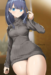 Rule 34 | 10s, 1girl, :&lt;, arm at side, artist name, blue eyes, blue hair, blurry, blurry background, breasts, cowboy shot, dress, fingernails, grey dress, grey sweater, gridman universe, hand up, impossible clothes, light purple hair, long hair, looking at viewer, medium breasts, red eyes, ribbed sweater, ruffling hair, short hair, solo, ssss.gridman, sweater, sweater dress, takarada rikka, thighs, turtleneck, turtleneck sweater, twitter username, tyone