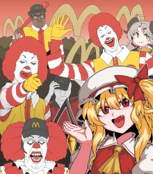 Rule 34 | 2girls, 5boys, ahoge, ascot, big smoke, blonde hair, blue archive, blush, brown eyes, burger, closed mouth, collared shirt, crossover, eating, fang, flandre scarlet, food, food on face, formicid, frilled shirt collar, frills, grand theft auto, grand theft auto: san andreas, hair ornament, hairclip, hat, highres, holding, holding food, horns, it (stephen king), izumi (blue archive), light brown hair, long hair, mcdonald&#039;s, mob cap, multiple boys, multiple crossover, multiple girls, one side up, open mouth, pennywise, pointing, pointy ears, red eyes, red vest, revision, ronald mcdonald, shirt, short sleeves, smile, touhou, twintails, vest, white headwear, white shirt, wojak, yellow ascot