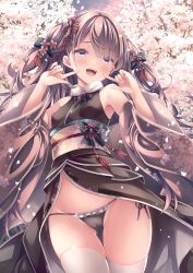 Rule 34 | 1girl, :d, bare shoulders, black kimono, black panties, blush, brown hair, brown sleeves, cameltoe, commentary request, detached sleeves, floral print, flower, frilled panties, frills, gluteal fold, groin, highres, japanese clothes, kimono, long hair, long sleeves, obi, open mouth, original, panties, print sleeves, purple eyes, ryo (botugo), sash, side-tie panties, sleeveless, sleeveless kimono, smile, thighhighs, two side up, underwear, very long hair, white flower, white thighhighs, wide sleeves
