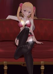 Rule 34 | 1girl, absurdres, ahoge, black thighhighs, blonde hair, blush, bra, breasts, cleavage, closed mouth, commentary, couch, eyelashes, feet, floral print, garter belt, garter straps, hair between eyes, hair ribbon, highres, lace, lace-trimmed legwear, lace trim, long hair, looking at viewer, medium breasts, melow menow, nijisanji, panties, purple eyes, red bra, red panties, ribbon, rose print, sitting, smile, solo, takamiya rion, thighhighs, thighs, twintails, underwear, underwear only, virtual youtuber