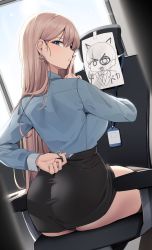 Rule 34 | 1girl, arm behind back, ass, black panties, black skirt, blue eyes, blue shirt, blush, breasts, chair, child&#039;s drawing, ddangbi, drawing, dressing, earrings, finger to mouth, from behind, highres, holding, id card, indoors, jewelry, large breasts, light brown hair, long hair, long sleeves, looking at viewer, office chair, office lady, original, panties, paper, pencil skirt, pov, shirt, shirt tucked in, shushing, sitting, sitting backwards, skirt, solo, swivel chair, thighhighs, thighs, underwear