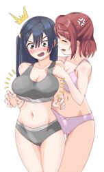 2girls absurdres anger_vein angry blue_eyes blue_hair blush bow bow_panties bra breasts calvin_klein chokkakudo cleavage closed_eyes commentary_request embarrassed gluteal_fold grey_bra grey_panties hair_ornament hairclip hand_on_another&#039;s_chest highres large_breasts long_hair love_live! love_live!_nijigasaki_high_school_idol_club medium_hair multiple_girls navel open_mouth panties pink_bra pink_hair pink_panties shaded_face side_ponytail uehara_ayumu underwear white_background yuki_setsuna_(love_live!)