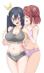 Rule 34 | 2girls, absurdres, anger vein, angry, blue eyes, blue hair, blush, bow, bow panties, bra, breasts, calvin klein, chokkakudo, cleavage, closed eyes, commentary request, embarrassed, gluteal fold, grey bra, grey panties, hair ornament, hairclip, hand on another&#039;s chest, highres, large breasts, long hair, love live!, love live! nijigasaki high school idol club, medium hair, multiple girls, navel, open mouth, panties, pink bra, pink hair, pink panties, shaded face, side ponytail, sports bra, sports panties, uehara ayumu, underwear, white background, yuki setsuna