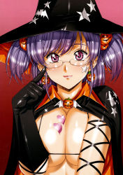 Rule 34 | 1girl, absurdres, black gloves, blush, bra, breasts, cape, cleavage, earrings, elbow gloves, food-themed hair ornament, glasses, gloves, hair ornament, halloween, hat, highres, jack-o&#039;-lantern, jewelry, large breasts, lipstick, looking at viewer, makeup, non-web source, original, pumpkin, pumpkin hair ornament, purple eyes, purple hair, scan, short hair, simple background, smile, solo, sparkle, underwear, urushihara satoshi, witch hat