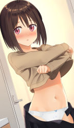 Rule 34 | 1girl, absurdres, apollo (hu maple), black skirt, blush, bob cut, brown hair, clothes lift, commentary request, dutch angle, highres, lifting own clothes, long sleeves, looking at viewer, navel, original, panties, pink eyes, school uniform, shirt lift, short hair, skirt, solo, stomach, underwear, white panties