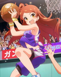 Rule 34 | &gt;:d, 10s, 1girl, :d, armpits, audience, ball, bare shoulders, basketball, basketball (object), brown hair, idolmaster, idolmaster million live!, jumping, navel, official art, ogami tamaki, one side up, open mouth, orange eyes, playing sports, smile, solo focus, sweat, v-shaped eyebrows, wristband