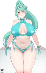 Rule 34 | 1girl, absurdres, alternate costume, breasts, green eyes, green hair, highres, kaos art, large breasts, pneuma (xenoblade), simple background, solo, swimsuit, white background, xenoblade chronicles (series), xenoblade chronicles 2