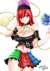 Rule 34 | 1girl, absurdres, bare shoulders, blush, breasts, chain, choker, cleavage, clothes writing, collarbone, commentary request, crop top, dated, earth (ornament), hand in own hair, hecatia lapislazuli, highres, hisin, large breasts, looking at viewer, microskirt, midriff peek, moon (ornament), multicolored clothes, multicolored skirt, navel, off-shoulder shirt, off shoulder, red eyes, red hair, shirt, signature, simple background, skirt, solo, thighs, touhou, white background