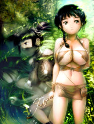 Rule 34 | 3girls, black hair, braid, breasts, cleavage, dagger, fishnet top, fishnets, forest, huge breasts, knife, large breasts, mesh, midriff, multiple girls, nature, ninja, outdoors, pasties, s zenith lee, slingshot (weapon), twintails, underboob, weapon