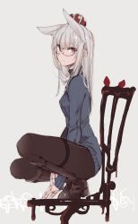 Rule 34 | 1girl, animal ears, bad id, bad twitter id, black pantyhose, blue nails, boots, chair, doll, food, fruit, glasses, hat, high heels, highres, long hair, looking at viewer, nail polish, original, pantyhose, purple eyes, silver hair, smile, solo, squatting, strawberry, sweater, touma kisa