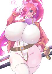 Rule 34 | 1girl, ?, absurdres, akan mori, belt, breasts, cameltoe, character request, dot nose, eyelashes, fang, female focus, gloves, hand on own hip, highres, holding, holding sword, holding weapon, huge breasts, impossible clothes, jacket, leotard, looking at viewer, open mouth, pale skin, pink hair, pink pupils, pink scarf, ponytail, purple eyes, red jacket, salute, scarf, skin fang, smile, solo, sword, taut leotard, thick thighs, thighhighs, thighs, weapon, white background, white gloves, white leotard, white thighhighs, wide hips