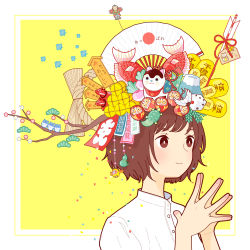Rule 34 | 1girl, akabeko, arrow (projectile), blush, branch, brown eyes, brown hair, daruma doll, dice, fish, flower, hand fan, hands up, highres, leaf, object on head, original, own hands together, pink flower, rope, shirt, short hair, smile, solo, upper body, white flower, white shirt, yellow background, yoshimon