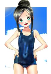 Rule 34 | 1girl, absurdres, aqua eyes, black hair, blue one-piece swimsuit, blue sky, cloud, collarbone, commentary request, covered navel, cowboy shot, fang, flat chest, hair bun, hands on own hips, highres, kisaragi shokuin, long hair, old school swimsuit, one-piece swimsuit, original, school swimsuit, single hair bun, sky, smile, solo, standing, swimsuit