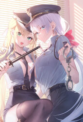 Rule 34 | 2girls, baton (weapon), belt, between breasts, black belt, black garter straps, black headwear, black necktie, black skirt, blonde hair, blue eyes, bow, breast pocket, breasts, brown thighhighs, cleavage, closed mouth, cuffs, desk, garter straps, green eyes, hair between eyes, hair bow, handcuffs, hat, high-waist skirt, highres, holding, holding handcuffs, large breasts, long hair, looking at viewer, looking back, medium breasts, miniskirt, multiple girls, necktie, necktie between breasts, no bra, novel illustration, official art, on desk, open mouth, partially unbuttoned, peaked cap, pencil skirt, pocket, police, police hat, police uniform, policewoman, red bow, regina mercedes, riselia ray crystalia, seiken gakuin no maken tsukai, shirt, shirt tucked in, sitting, on desk, skirt, smile, standing, thighhighs, toosaka asagi, unbuttoned, unbuttoned shirt, uniform, very long hair, weapon, white hair, white shirt, zettai ryouiki