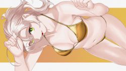 Rule 34 | 1girl, absurdres, armpits, bare shoulders, bikini, breasts, collarbone, commentary request, dutch angle, gold bikini, green eyes, hair over one eye, halterneck, highres, kantai collection, kinugasa (kancolle), long hair, looking at viewer, medium breasts, navel, ojipon, parted lips, simple background, solo, stomach, swimsuit, thighs, white hair