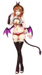 Rule 34 | 1girl, :d, adapted costume, atelier (series), atelier ryza, atelier ryza 1, barbariank, black footwear, black gloves, blush, boots, breasts, bridal gauntlets, brown hair, cleavage, commentary, crossed legs, demon horns, demon tail, demon wings, earrings, english commentary, fangs, full body, gloves, hair ornament, hairclip, hand up, hat, heart, heart-shaped pupils, highres, horns, inward v, jewelry, large breasts, looking at viewer, micro shorts, open mouth, pink eyes, pointy ears, pubic tattoo, red shorts, reisalin stout, revealing clothes, revision, short hair, shorts, simple background, single glove, smile, solo, standing, symbol-shaped pupils, tail, tattoo, thigh boots, thighhighs, toeless footwear, v, watson cross, white background, white hat, white thighhighs, wings