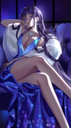 Rule 34 | 1girl, absurdres, alternate hairstyle, artist name, bare legs, blue dress, breasts, bright pupils, cleavage, closed mouth, couch, crossed legs, dress, drop earrings, earrings, evening gown, feet out of frame, fur shawl, genshin impact, hand on own cheek, hand on own face, head rest, highres, jewelry, large breasts, legs, long dress, long hair, looking at viewer, necklace, night, night sky, on couch, plunging neckline, purple eyes, purple hair, raiden shogun, ringeko-chan, shawl, sky, solo, star (sky), starry sky, straight hair, window