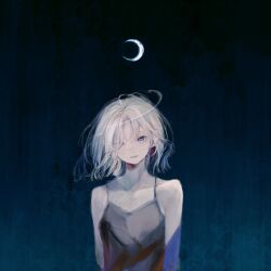 Rule 34 | 1girl, absurdres, bare shoulders, black camisole, black dress, blue background, blue eyes, c cand1e, camisole, collarbone, crescent moon, dress, hair over one eye, highres, looking at viewer, moon, night, one eye closed, original, parted lips, short hair, sleeveless, solo, spaghetti strap, upper body, white hair