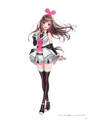 Rule 34 | 1girl, :d, black bow, black necktie, black sleeves, black thighhighs, blue eyes, blush, bow, breasts, brown hair, detached sleeves, floating hair, full body, hairband, head tilt, high heels, highres, kizuna ai, kizuna ai (elegant), kizuna ai inc., long hair, long sleeves, looking at viewer, medium breasts, midriff, morikura en, navel, necktie, open mouth, pink hairband, pumps, short necktie, short shorts, shorts, sideboob, simple background, smile, solo, standing, stomach, striped, striped bow, swept bangs, thighhighs, very long hair, virtual youtuber, white background, white shorts, zettai ryouiki