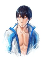 Rule 34 | 10s, 1boy, artist name, bare pectorals, black hair, blue eyes, collarbone, free!, jacket, kamille areopagita, looking to the side, male focus, nanase haruka (free!), open clothes, open jacket, pectorals, signature, smile, solo, toned, toned male, upper body, white background
