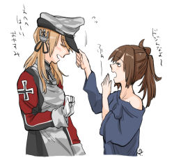 Rule 34 | 2girls, alternate costume, anchor hair ornament, blonde hair, blue shirt, brown hair, camouflage, cross, gloves, hair ornament, hat, iron cross, kantai collection, long hair, long sleeves, low twintails, military, military uniform, multiple girls, peaked cap, ponytail, prinz eugen (kancolle), prinz eugen kai (kancolle), sheffield (kancolle), shirt, translation request, twintails, uniform, white gloves, yamada rei (rou)