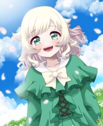 Rule 34 | 1girl, :d, absurdres, blush, bow, cloud, day, dooonnosuke, dress, grass, green dress, green eyes, highres, indie virtual youtuber, looking at viewer, open mouth, outdoors, smile, solo, upper body, virtual youtuber, white bow, white hair