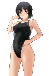 Rule 34 | 1girl, amagami, black hair, black one-piece swimsuit, breasts, brown eyes, competition swimsuit, hand under clothes, hand under swimsuit, highleg, highleg swimsuit, highres, looking at viewer, nanasaki ai, one-piece swimsuit, short hair, simple background, small breasts, solo, standing, swimsuit, wet, white background, yoo tenchi