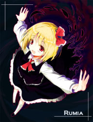 Rule 34 | 1girl, blonde hair, character name, darkness, embodiment of scarlet devil, female focus, gotyou, hair ribbon, necktie, outstretched arms, red eyes, ribbon, rumia, short hair, solo, spread arms, touhou