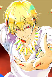 Rule 34 | 1boy, blonde hair, bracelet, brown background, casual, earrings, fate/zero, fate (series), gilgamesh (fate), grin, jewelry, male focus, nail polish, necklace, official alternate costume, outstretched hand, red eyes, simple background, smile, solo, yakan (kusogaki teikoku)