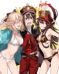 Rule 34 | !?, 1boy, 2girls, ;d, ahoge, arm up, belt, belt buckle, bikini, black bikini, black bow, black cape, black hair, blue jacket, blush, bow, breasts, buckle, cape, cleavage, collarbone, contrapposto, cowboy shot, fate/grand order, fate (series), fire, frilled bikini, frills, girl sandwich, gloves, grin, hair between eyes, hair bow, hand on own hip, hat, highres, hug, jacket, koha-ace, long hair, long sleeves, looking at viewer, medium breasts, multiple girls, oda nobukatsu (fate), oda nobunaga (fate), oda nobunaga (koha-ace), oda nobunaga (swimsuit berserker) (fate), oda nobunaga (swimsuit berserker) (second ascension) (fate), okita souji (fate), okita souji (koha-ace), one eye closed, open clothes, open jacket, open mouth, own hands together, peaked cap, ponytail, red eyes, red hat, sandwiched, shinsengumi, smile, standing, swimsuit, tearing up, tears, teeth, thighs, uniform, v, v-shaped eyebrows, v over eye, very long hair, waltz (tram), wavy mouth, white bikini, white gloves