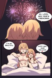 Rule 34 | 1boy, 1girl, absurdres, aether (genshin impact), aftersex, ahoge, bed, blush, brother and sister, commentary, english commentary, fireworks, flower, genshin impact, hair between eyes, hair flower, hair ornament, highres, hinghoi, incest, lumine (genshin impact), new year, nude, short hair, siblings, twins