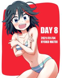 Rule 34 | 1girl, 2021, armpits, artist request, barefoot, black hair, blue eyes, blush, bra, breasts, cleavage, collarbone, covering breasts, covering privates, embarrassed, english text, eyelashes, fang, feet, female focus, fingernails, hair between eyes, highres, kill la kill, legs, looking at viewer, matoi ryuuko, medium breasts, medium hair, midriff, multicolored hair, navel, neck, official alternate costume, official underwear, open mouth, panties, red background, red streak, shiny clothes, shiny skin, source request, spiked hair, standing, streaked hair, striped bra, striped clothes, striped panties, thighs, toenails, toes, trigger (company), tsundere, two-tone background, underwear, underwear only, unworn clothes