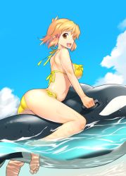 Rule 34 | 10s, 1girl, 5iz0, :d, arched back, ass, back, bad id, bad pixiv id, bare legs, bare shoulders, barefoot, bikini, blue sky, breasts, brown eyes, brown hair, cloud, day, dutch angle, female focus, from side, hair ornament, inflatable orca, inflatable toy, light brown hair, looking at viewer, open mouth, outdoors, partially submerged, partially underwater shot, round teeth, senki zesshou symphogear, short hair, side-tie bikini bottom, sky, smile, solo, swimsuit, tachibana hibiki (symphogear), teeth, trefoil, underwater, water, wet, yellow bikini