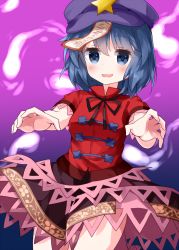 Rule 34 | 1girl, black ribbon, black skirt, blue eyes, blue hair, cabbie hat, chinese clothes, cowboy shot, gradient background, hair between eyes, hat, hat ornament, highres, hitodama, jiangshi, looking at viewer, miyako yoshika, neck ribbon, ofuda, open mouth, outstretched arms, purple background, purple hat, red shirt, ribbon, ruu (tksymkw), shirt, short hair, skirt, smile, solo, star (symbol), star hat ornament, tangzhuang, touhou, zombie pose